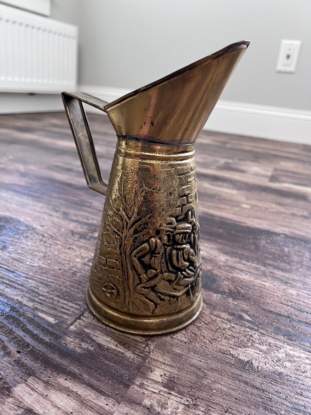 Vintage Made in England Brass-Tone Embossed Pitcher | English Pub Scene Jug